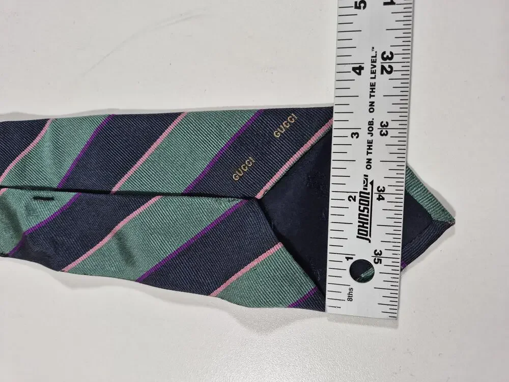 Gucci Tie Men's OS Green Striped Designer Woven Logo FLAW